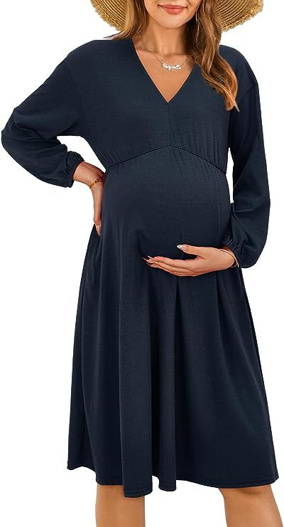 OUGES Womens 2023 Fall Long Sleeve Maternity Dress for Baby Shower Photoshoot V Neck High Waist M... | Amazon (US)