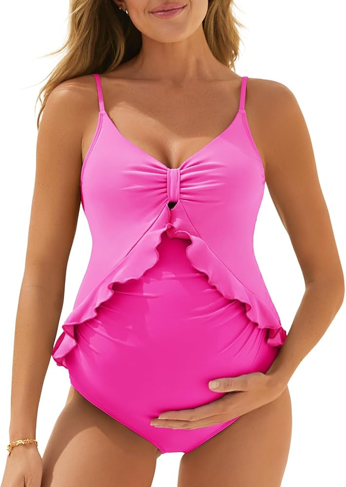 Summer Mae Maternity Swimsuit One Piece Ruffle Cutout Pregnancy Bathing Suit Lace Up Swimwear | Amazon (US)
