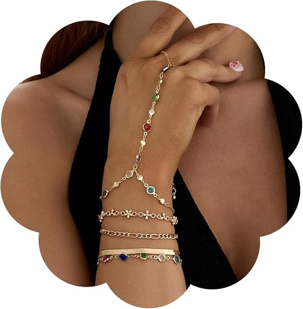 Gold Hand Chain Bracelet for Women Layered Colorful Crystal Bead Flower Finger Chain Ring Bracele... | Amazon (US)
