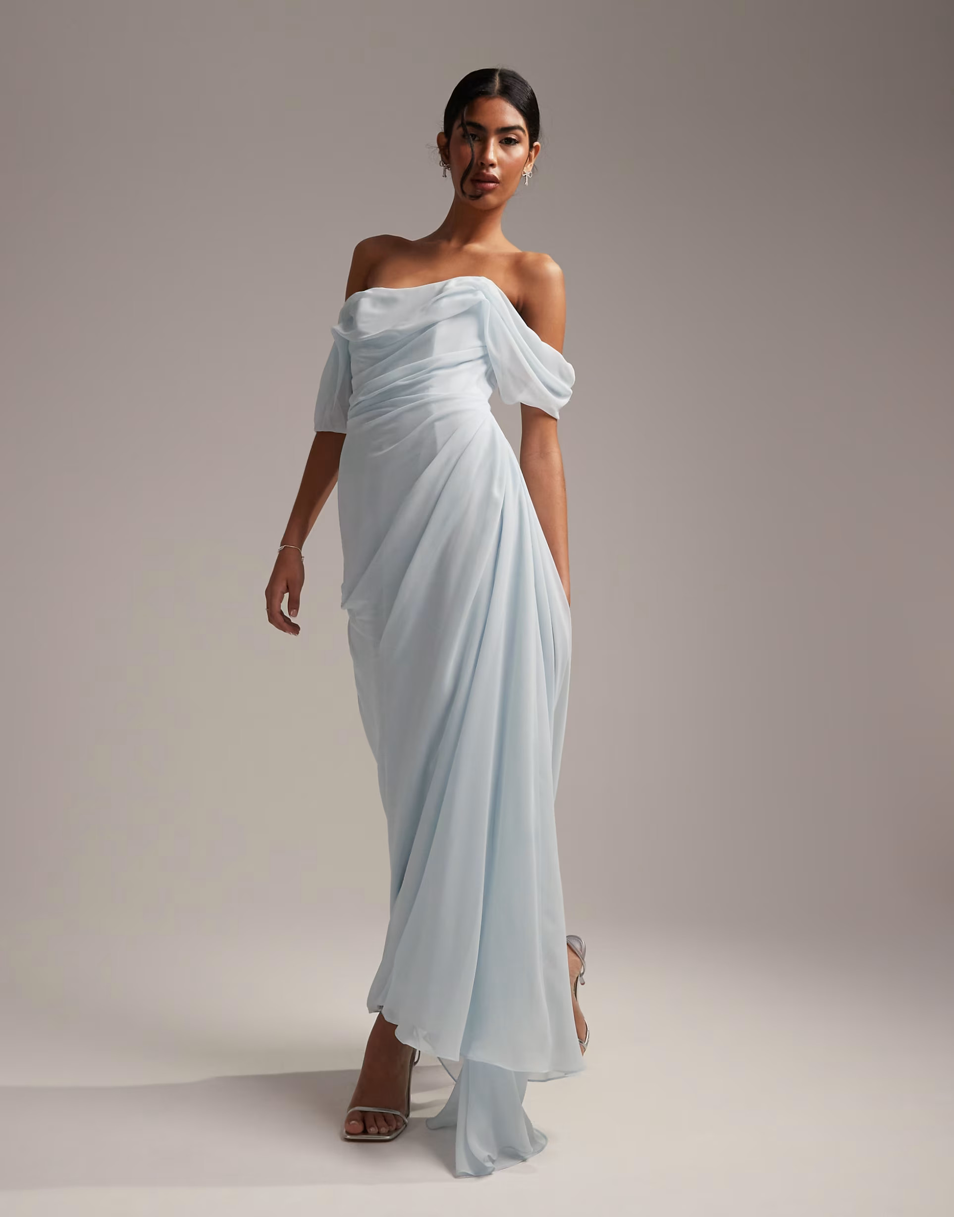 ASOS DESIGN Bridesmaids draped bardot midaxi dress in light blue | ASOS | ASOS (Global)