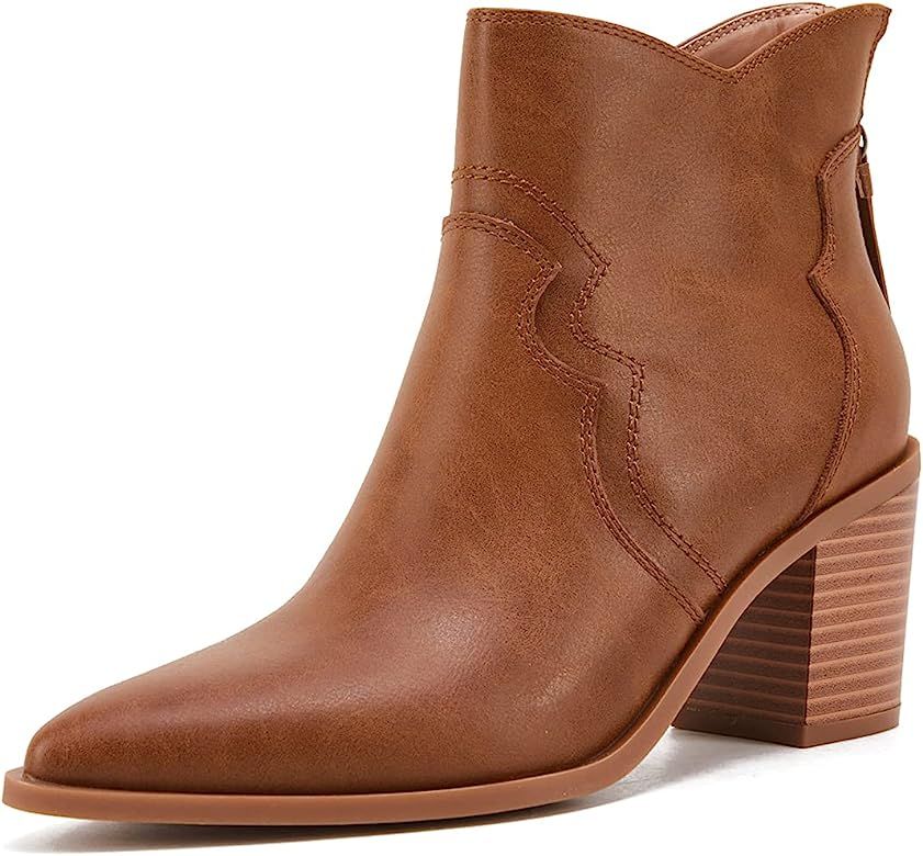 Women Ankle Boots Casual Pointed Toe Chunky Block Heel Zipper Tassel Western Booties | Amazon (US)