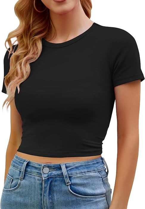 Artfish Women's Basic Teen Tee Workout Crewneck Short Sleeve Slim Fitted Casual Crop Top | Amazon (US)