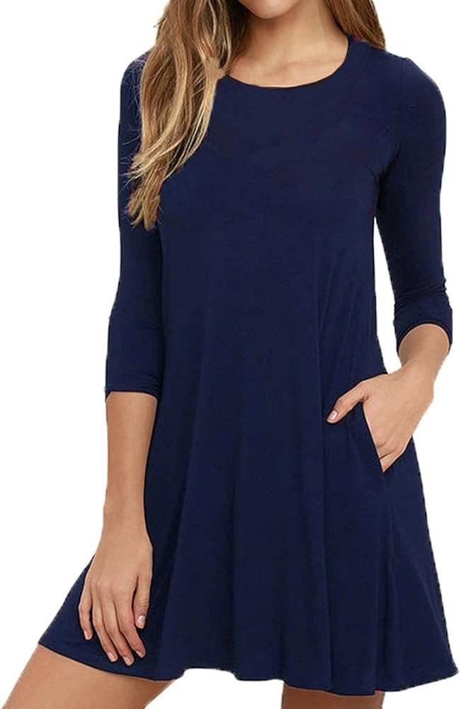 VIISHOW Womens Round Neck 3/4 Sleeves A-line Casual Tshirt Dress with Pocket | Amazon (US)