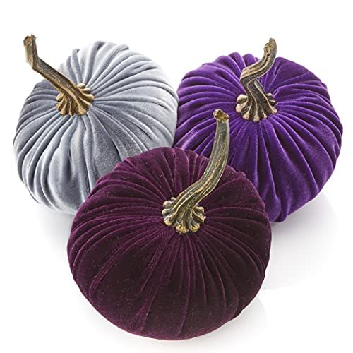 Small Velvet Pumpkins Set of 3 Includes Plum Purple and Gray, Handmade Home Decor, Holiday Mantle... | Amazon (US)