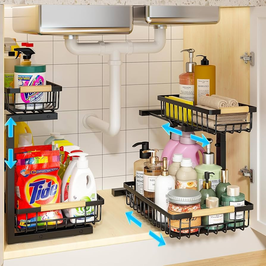 REALINN Under Sink Organizer, 2 Pack Height Adjustable Under Sink Organizers and Storage, 2 Tier ... | Amazon (US)
