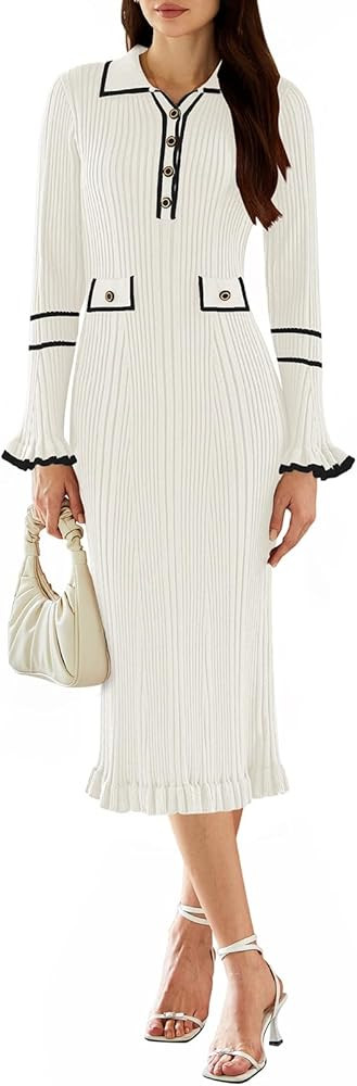 Pink Queen Women's V Neck Bodycon Sweater Dress 2024 Long Sleeve Half Button Slim Fitted Ruffle R... | Amazon (US)