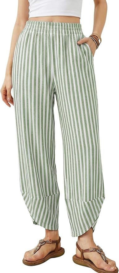 Athlisan Women's Wide Leg Striped Palazzo Pants Summer Elastic Waist Baggy Casual Lounge Trousers... | Amazon (US)