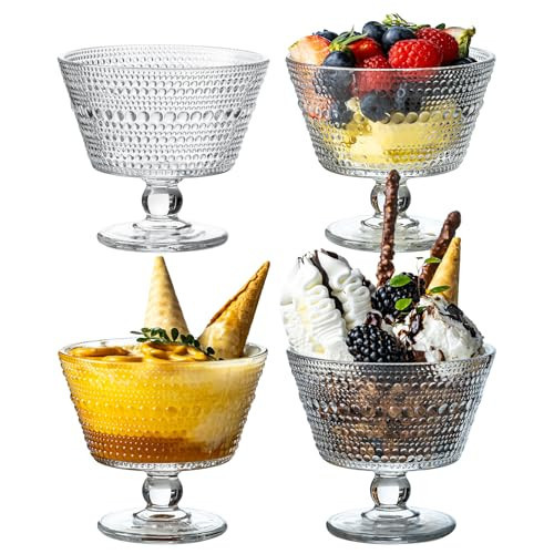 JGKYLDZ 9oz Glass Ice Cream Bowls, Vintage Footed Sundae Cups,Glass Dessert for Dessert, Sundae, Ice Cream,Pudding, Jelly, Fruit, Snack, Cocktail, Condiment, Trifle (4) | Amazon (US)
