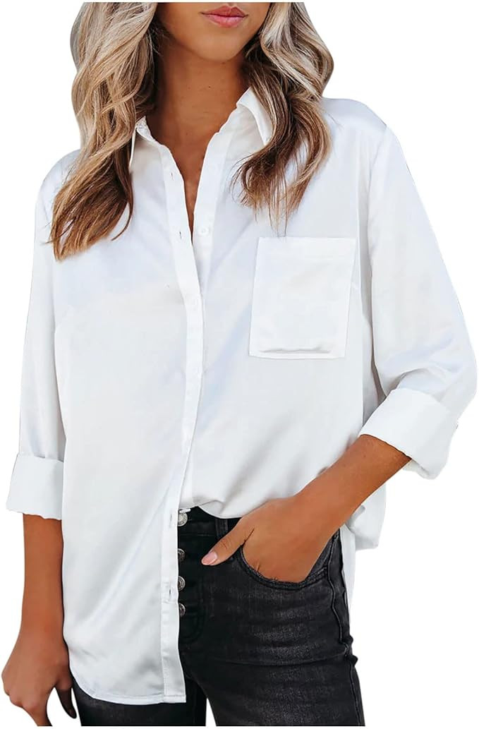 Womens Blouses 2023 Spring Fashion Long Sleeve Button Down Shirts Dressy Casual Business Work Pla... | Amazon (US)