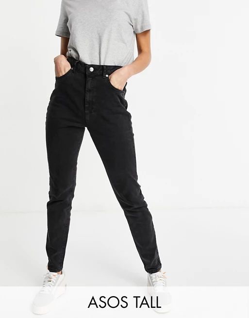 ASOS DESIGN Tall hourglass high rise farleigh 'slim' mom jeans in washed black | ASOS (Global)