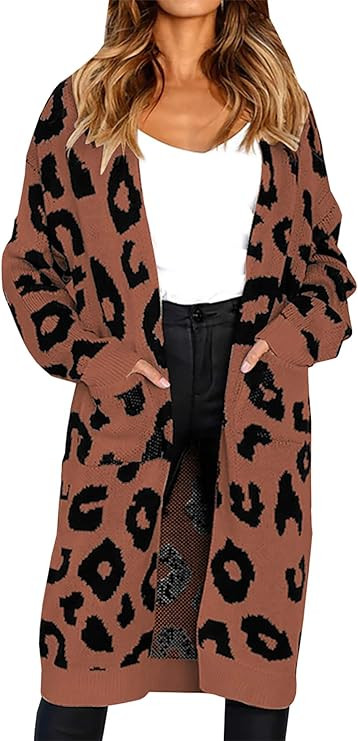 BTFBM Women Long Sleeve Open Front Leopard Knit Long Cardigan Casual Print Knitted Maxi Sweater C... | Amazon (US)