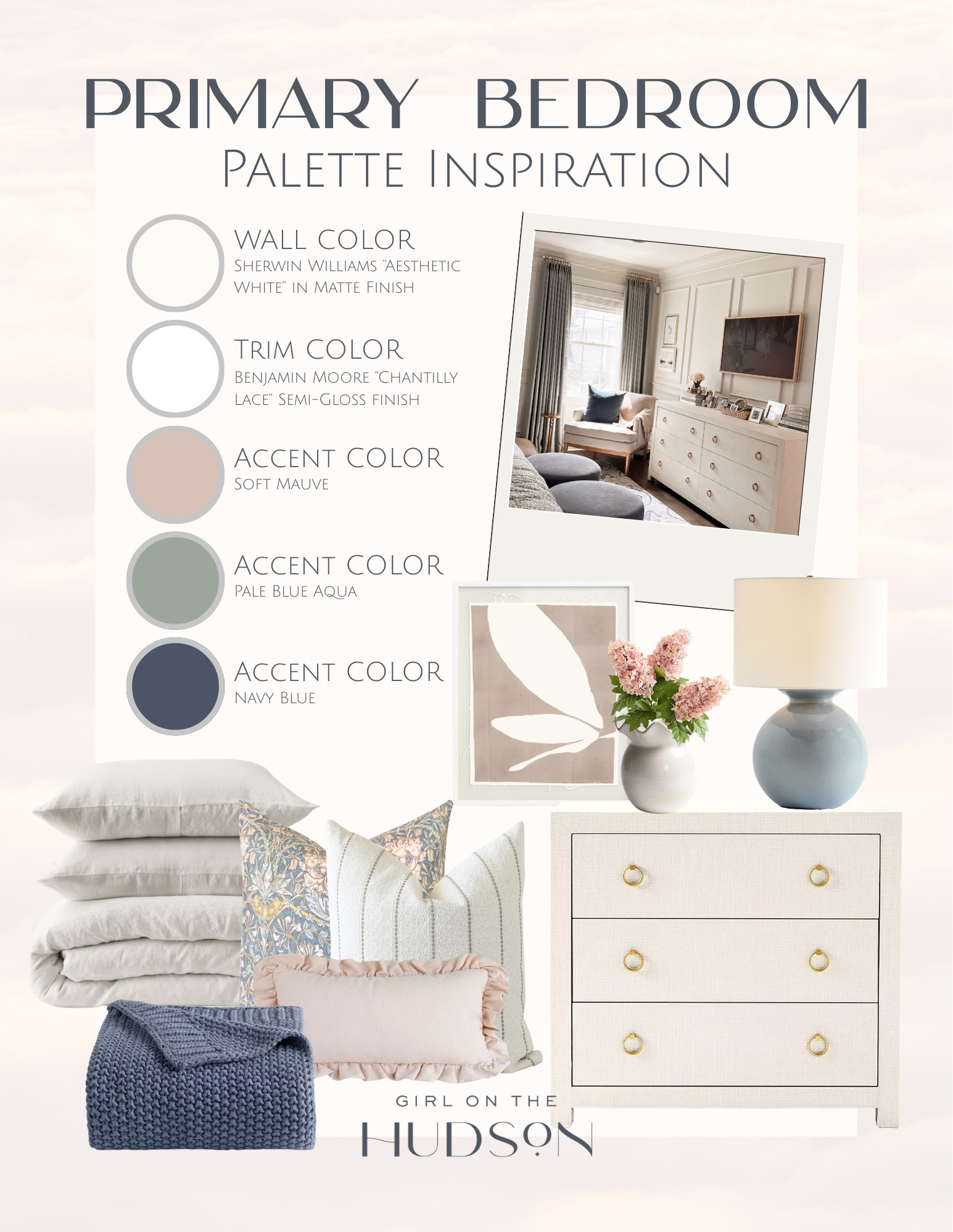 Our primary bedroom has soft neutrals mixed with subtle blue and blush accents create a calming and inviting space. I always start with paint color and then build the room around textures and fabrics.

primary bedroom inspiration, neutral bedroom palette, Sherwin Williams Aesthetic White walls, Chantilly Lace trim, layered bedroom decor, coastal bedroom accents, bedroom design board, warm neutral interiors, modern traditional bedroom decor, calming bedroom colors, bedroom styling ideas, girlonthehudson

#LTKHome