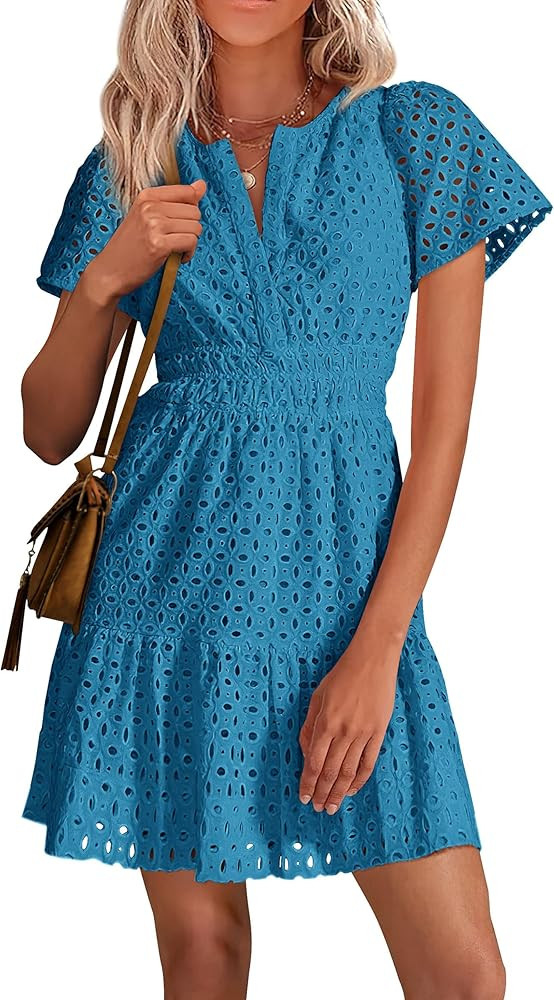 PRETTYGARDEN Womens 2025 Summer Short Dress V Neck Short Sleeve A Line Hollow Out Lace Ruffle Cut... | Amazon (US)