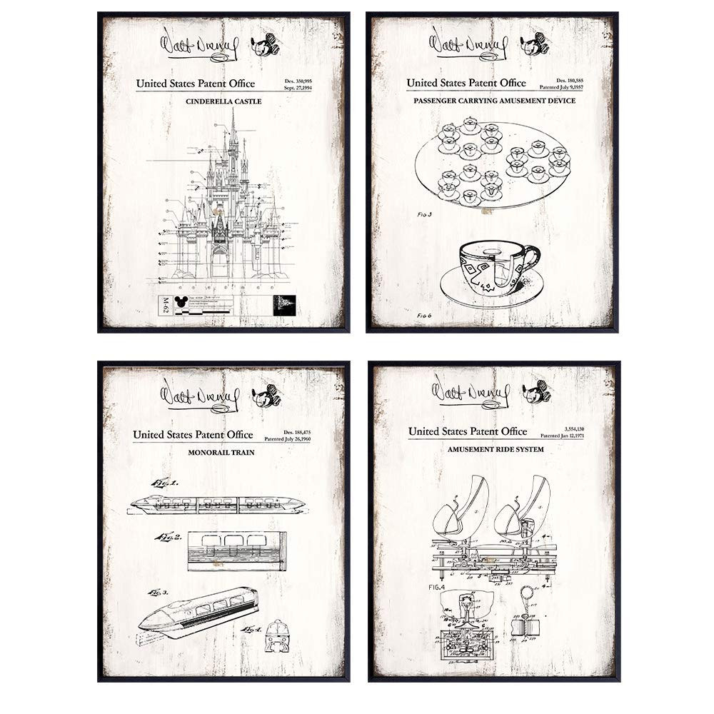 Disney Rides Sign Patent Art Prints - Vintage Wall Art Poster Set - Rustic Home Decor for Boys, Girl | Amazon (US)