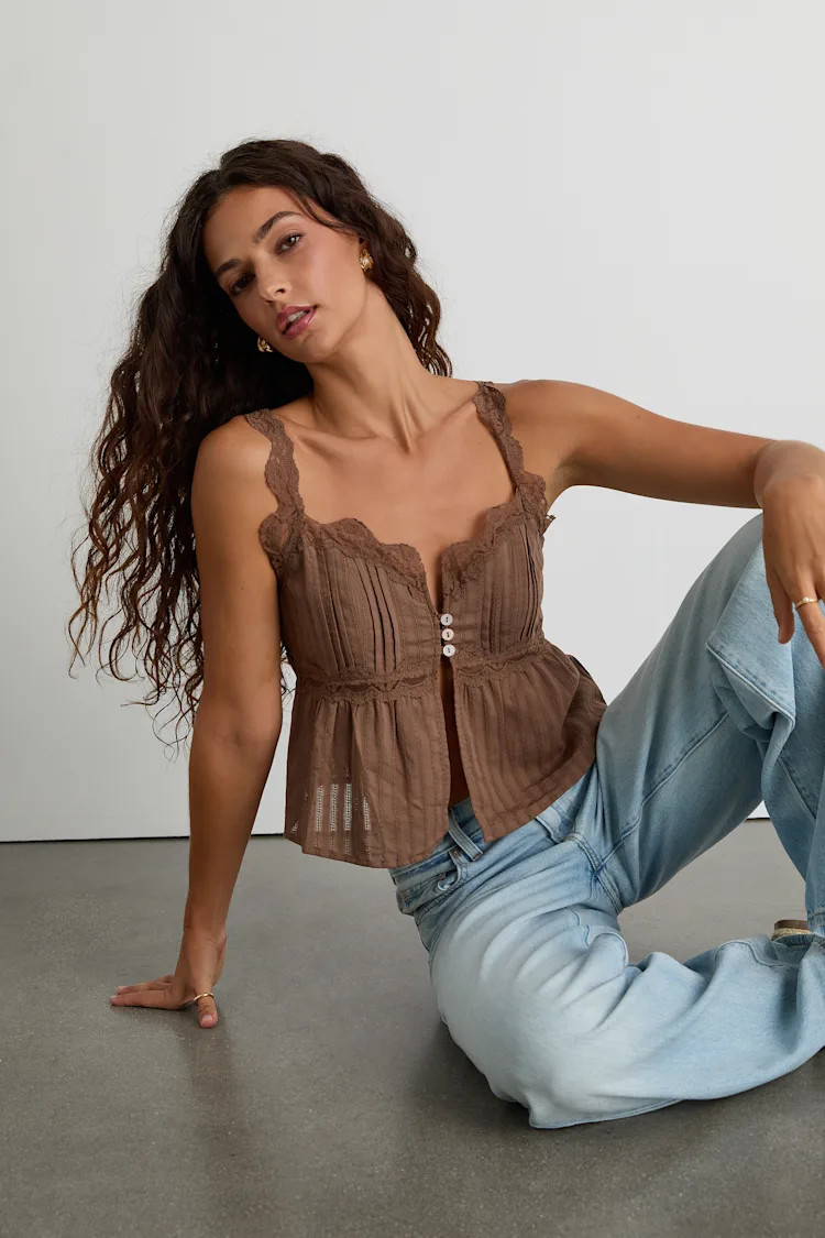 Yanika Brown Eyelet Lace Tank Top | Lulus