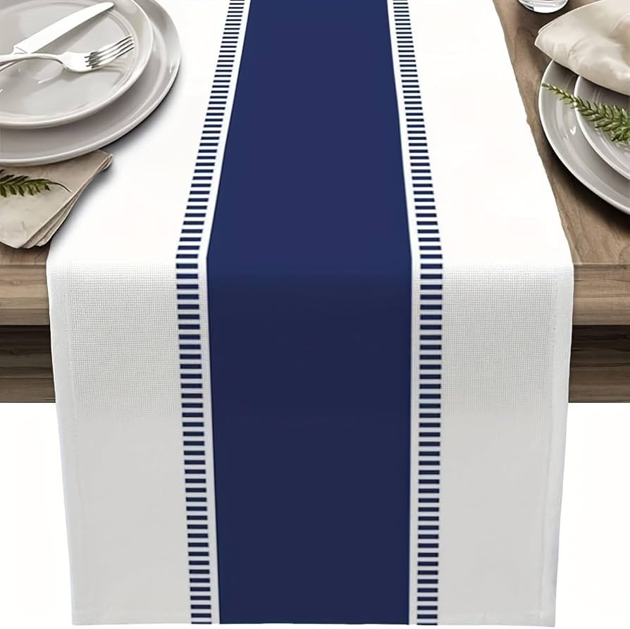 Nautical Striped Table Runner, Navy Blue and White, Modern Dining Table Decor Party Decoration，... | Amazon (US)