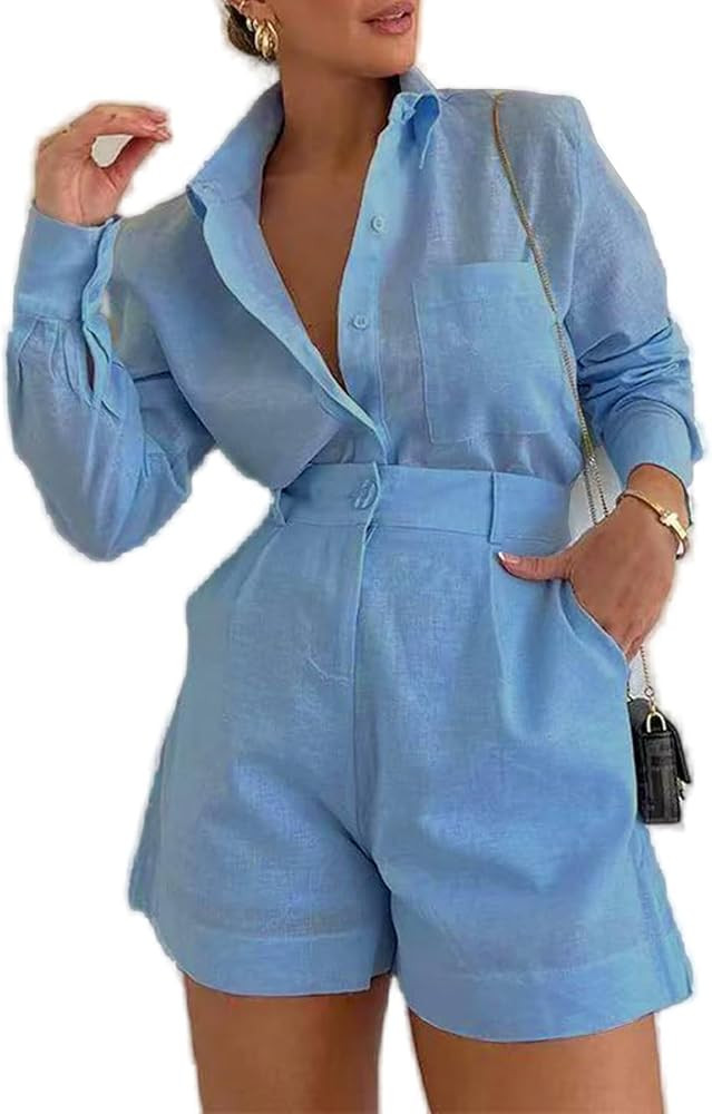 Unybwonn Shorts Sets Women 2 Piece Outfits Casual Long Sleeve Button down Blouses Shirts Tops Hig... | Amazon (US)