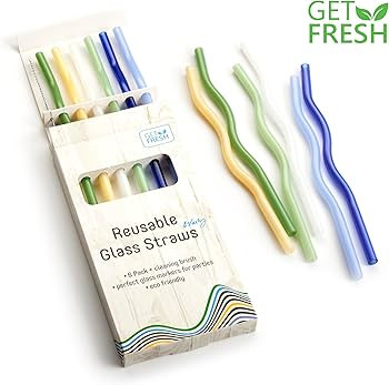 GET FRESH Reusable Wavy Glass Drinking Straws Set - 6pcs Colored Reusable Glass Drinking Straws S... | Amazon (US)