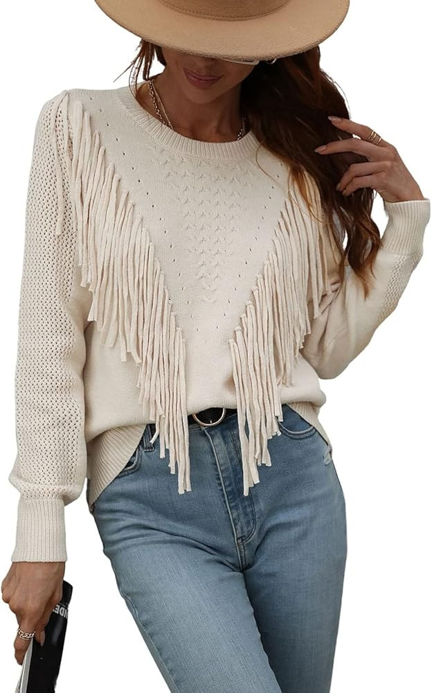 chouyatou Women's Casual Crewneck Fringe Tassel Knitted Pullover Sweater Jumper Tops | Amazon (US)