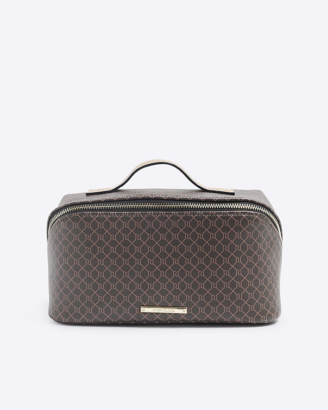 Brown Faux Leather RI Monogram Make Up Bag | River Island UK & IE