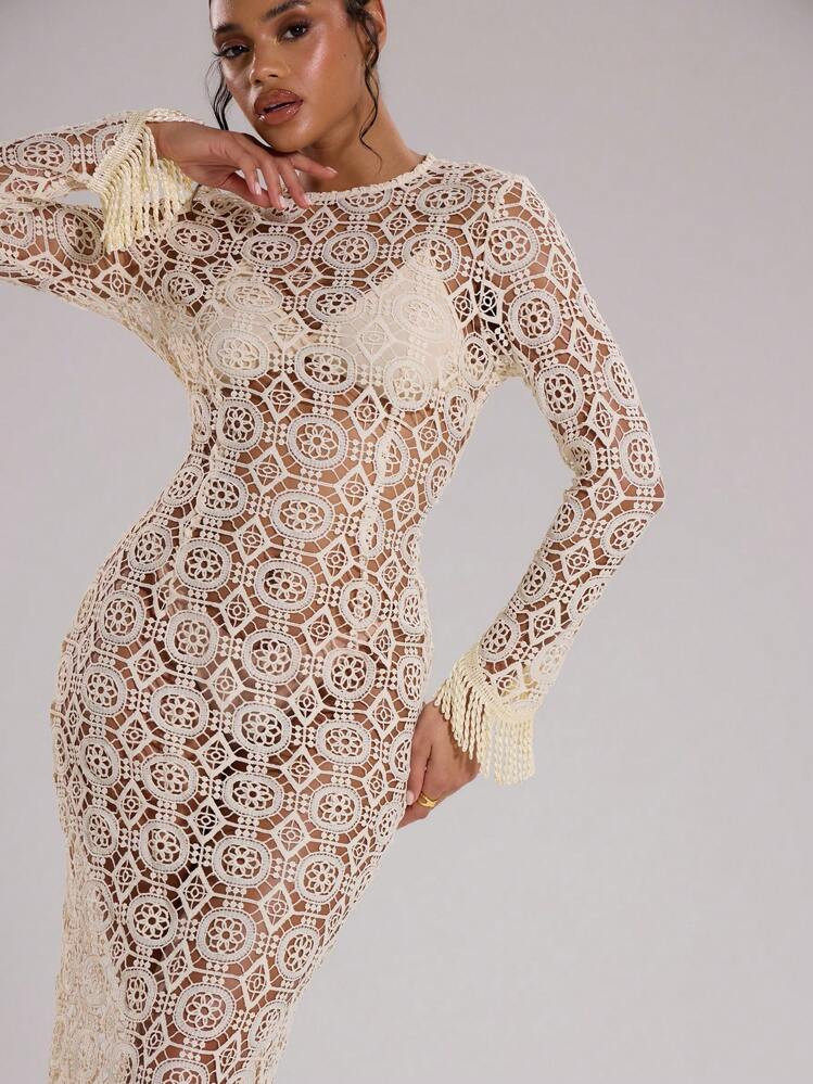 MUSERA Crochet Embroidered Fringe Maxi Dress Elegant Spring Summer Vacation Beach Fall Bridal Bachelorette Hen Do Wedding Long Dress | SHEIN