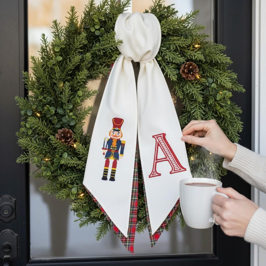 Embroidered Christmas Wreath Sash, Personalized Christmas Bow, Handmade Christmas Wreath Bow, Cus... | Etsy (US)