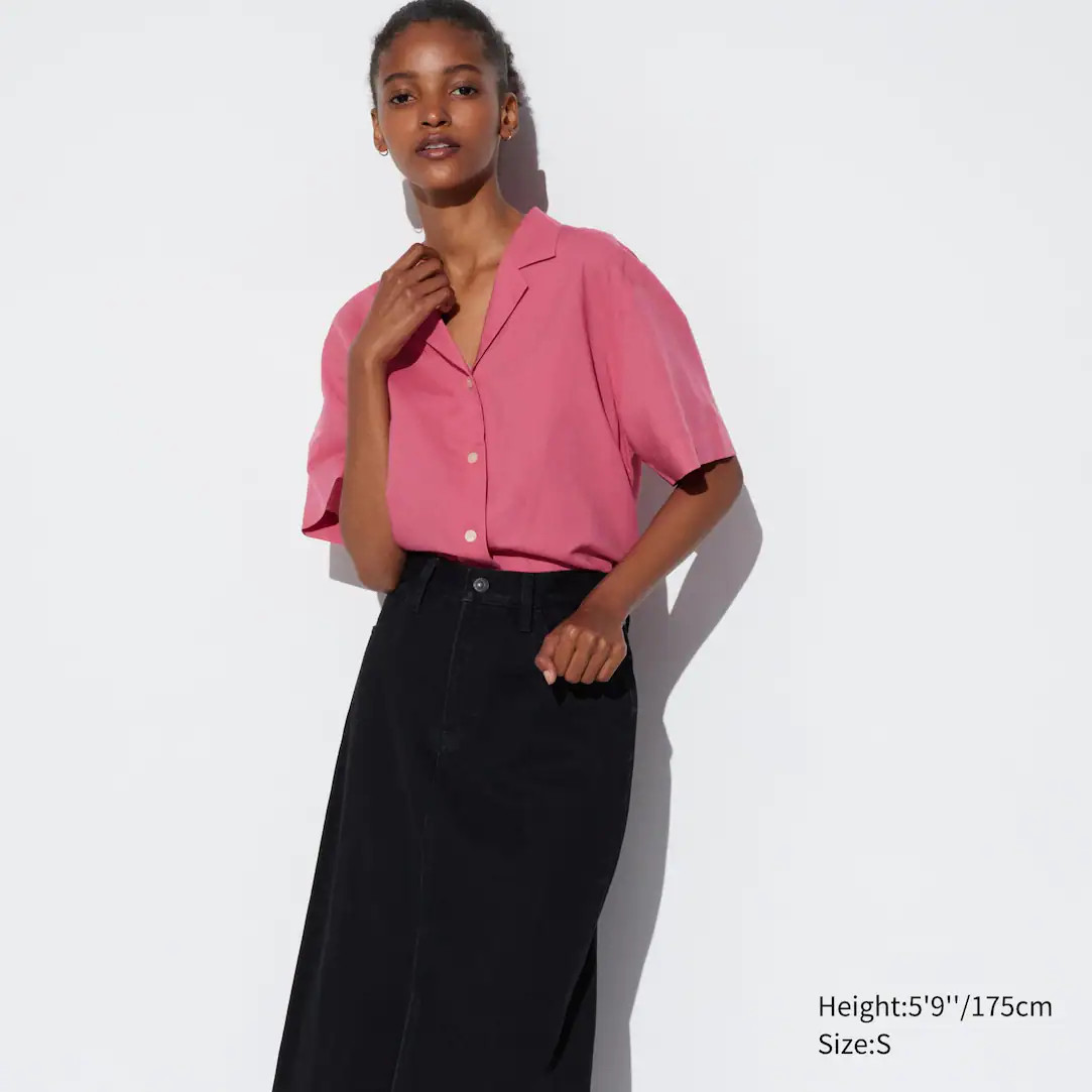 Leinenmix Kurzarm Bluse mit offenem Kragen | UNIQLO (DE)