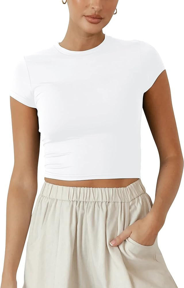 BAIGRAM Women Slim Fit Cap Sleeve Round Neck Crop Tee Top Basic Solid Form Fitting Stretchy Tshir... | Amazon (US)