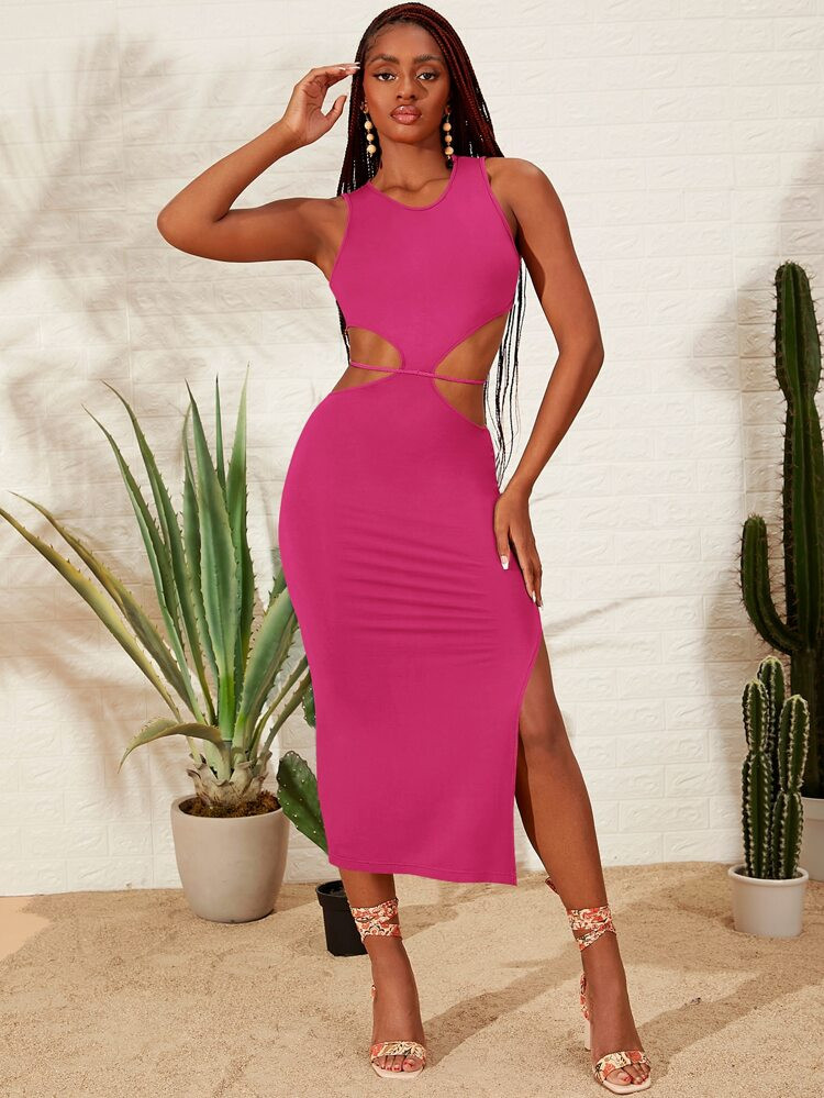 SHEIN Cut Out Waist Slit Thigh Belted Bodycon Dress | SHEIN