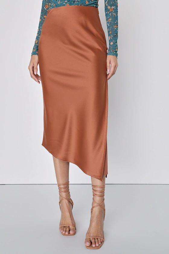 Contemporary Cutie Brown Satin High-Rise Asymmetrical Midi Skirt | Lulus (US)