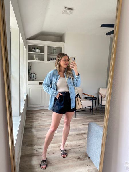 Casual spring outfit that is bump friendly 
Tank in M
Linen shorts in M - sized up for bump
Sandals sized up 1/2
Denim jacket / shacket in S
Code SPRINGAF at Abercrombie 

#LTKshoecrush #LTKstyletip #LTKbump