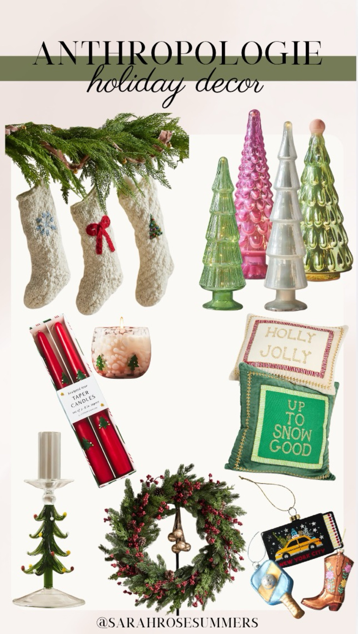 Anthropologie Christmas decor. Stockings, Christmas ornaments, glass trees, candle sticks, candle stick holders, garland, wreaths, and holiday pillows. 

#LTKGiftGuide #LTKHoliday #LTKHome