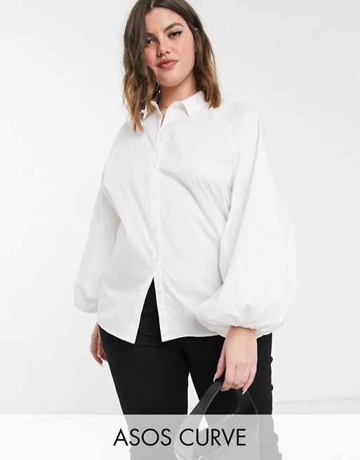 ASOS DESIGN Curve long volume sleeve shirt in cotton in white | ASOS (Global)