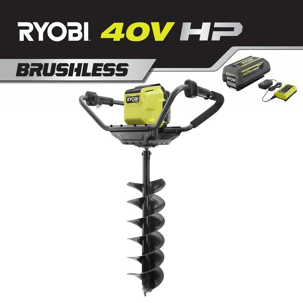 RYOBI HP 40V Brushless Cordless Earth Auger with 8 in. Bit and 4.0 Ah Battery and Charger Included | The Home Depot