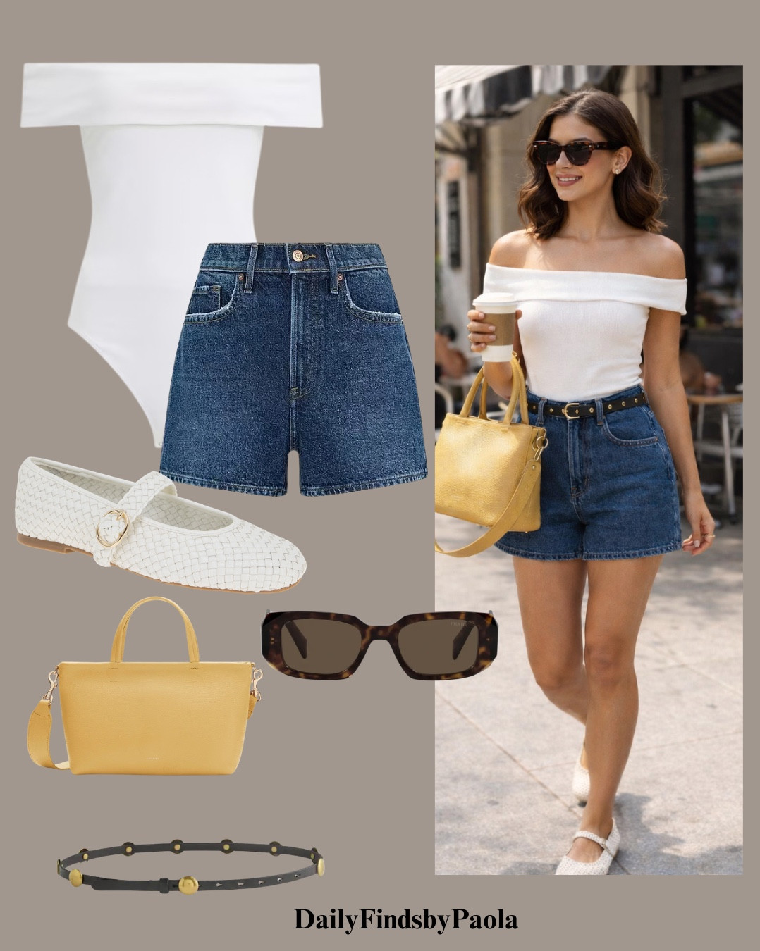Minimal but make it elevated. An off-shoulder classic, structured denim, statement accessories, and sleek rectangular sunnies for that polished everyday glow. Perfect coffee run fit. 🤍