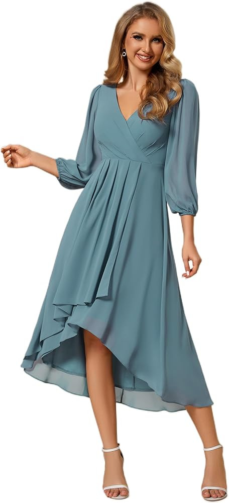 Ever-Pretty Women's Chiffon Spring V Neck Long Sleeves Pleated A-Line Midi Length Wedding Guest D... | Amazon (US)