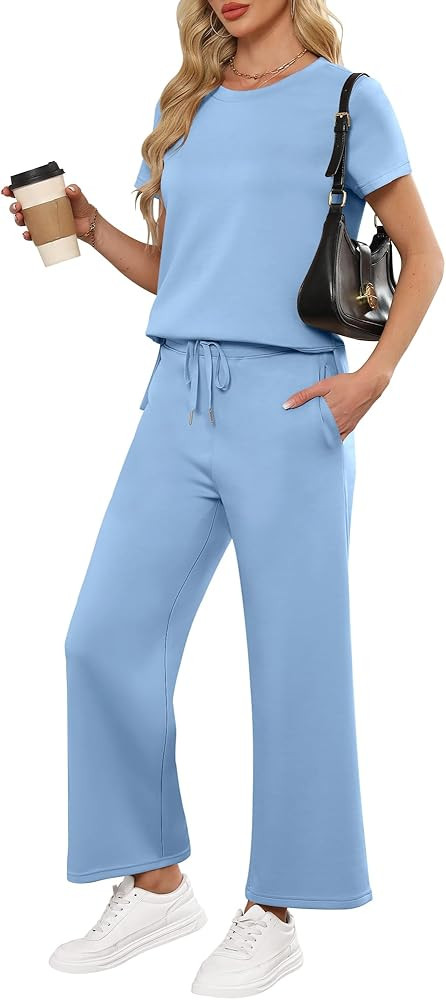 ANRABESS Women 2 Piece Lounge Sets Summer Travel Sweat Outfits Short Sleeve Wide Leg Casual Match... | Amazon (US)