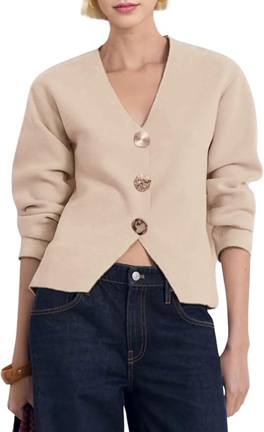 Daacee Cropped Cardigan Sweaters for Women V Neck Long Sleeve Gold Button Down Knit Cardigans Top... | Amazon (US)