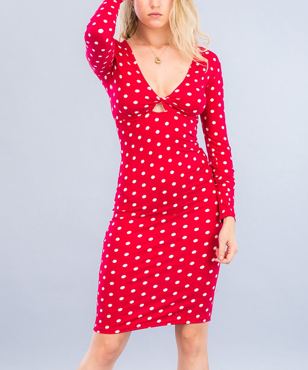 Red Polka Dot Twist-Front Bodycon Dress - Women | zulily
