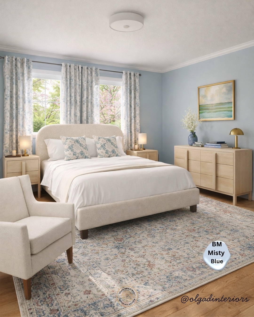 Neutral bedroom design. Beige upholstered queen bed, affordable dresser and nightstands from Wayfair, accent chair, gorgeous hand-blown vase, vintage rug, affordable art. #homedecor #bedroomideas 

#LTKSeasonal #LTKHome #LTKSaleAlert