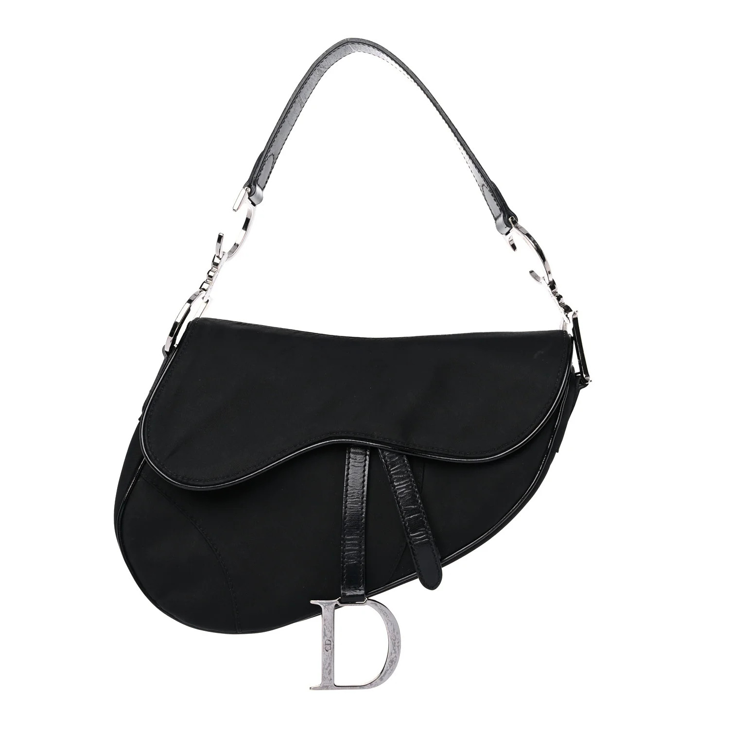 CHRISTIAN DIOR Canvas Patent Calfskin Saddle Bag Black | FASHIONPHILE (US)