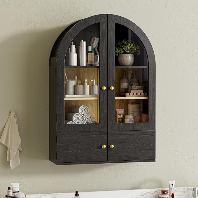 BREEZEHEAT Arched Bathroom Wall Cabinet, Floating Medicine Cabinet Over Toilet Storage w/Glass Do... | Amazon (US)