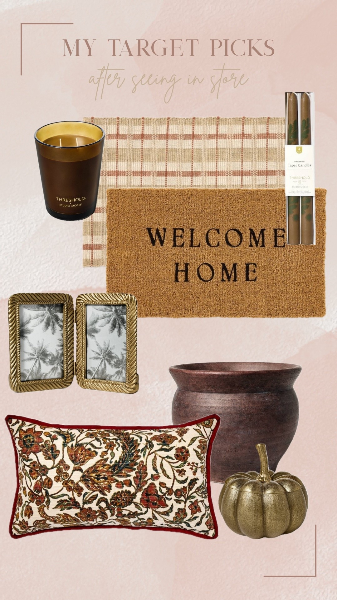 After seeing the new Studio McGee fall collection in store, this is what I loved most. 

I picked up the for mat and layering rug, the brown planter, the picture frames and both candles. I had the gold pumpkin from last year and love it too! 

#LTKSeasonal #LTKHome #LTKStyleTip