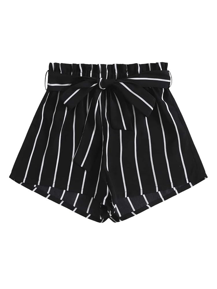 Floerns Women's Striped Elastic High Waist Shorts Casual Wide Leg Short Pants with Belted | Amazon (US)