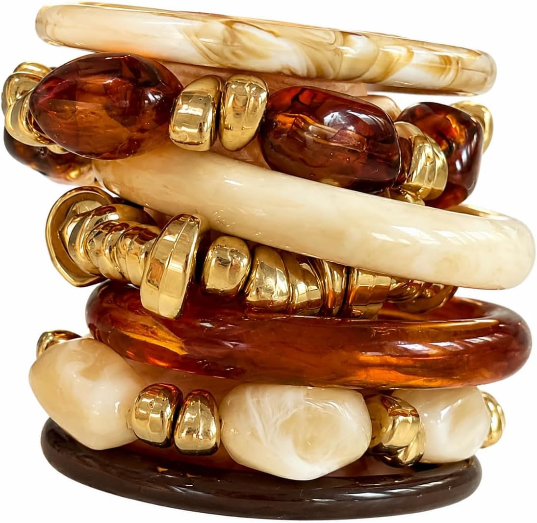 7 Pcs Resin Bangle Bracelet for Women, Retro Amber Marble Texture Acrylic Cuff, Chunky Beads Stackable Wrist Jewelry | Amazon (US)