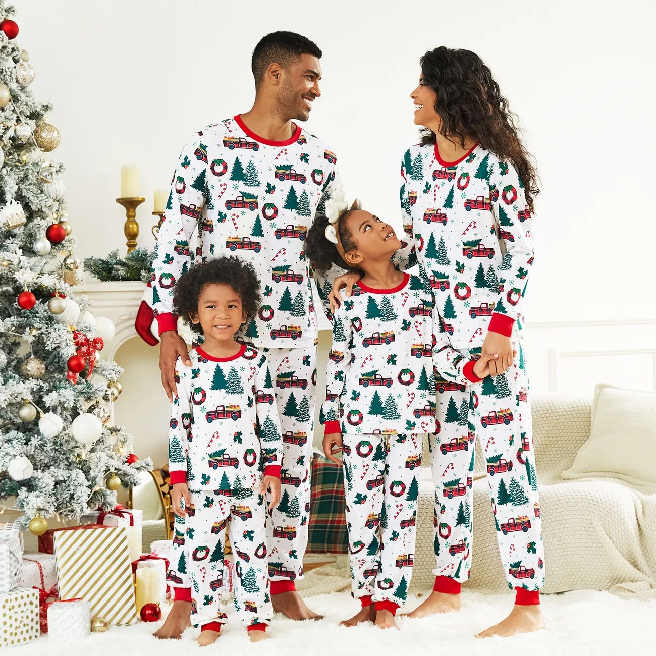 Christmas Family Matching Allover Xmas Tree & Car Print Long-sleeve Pajamas Sets (Flame Resistant... | PatPat