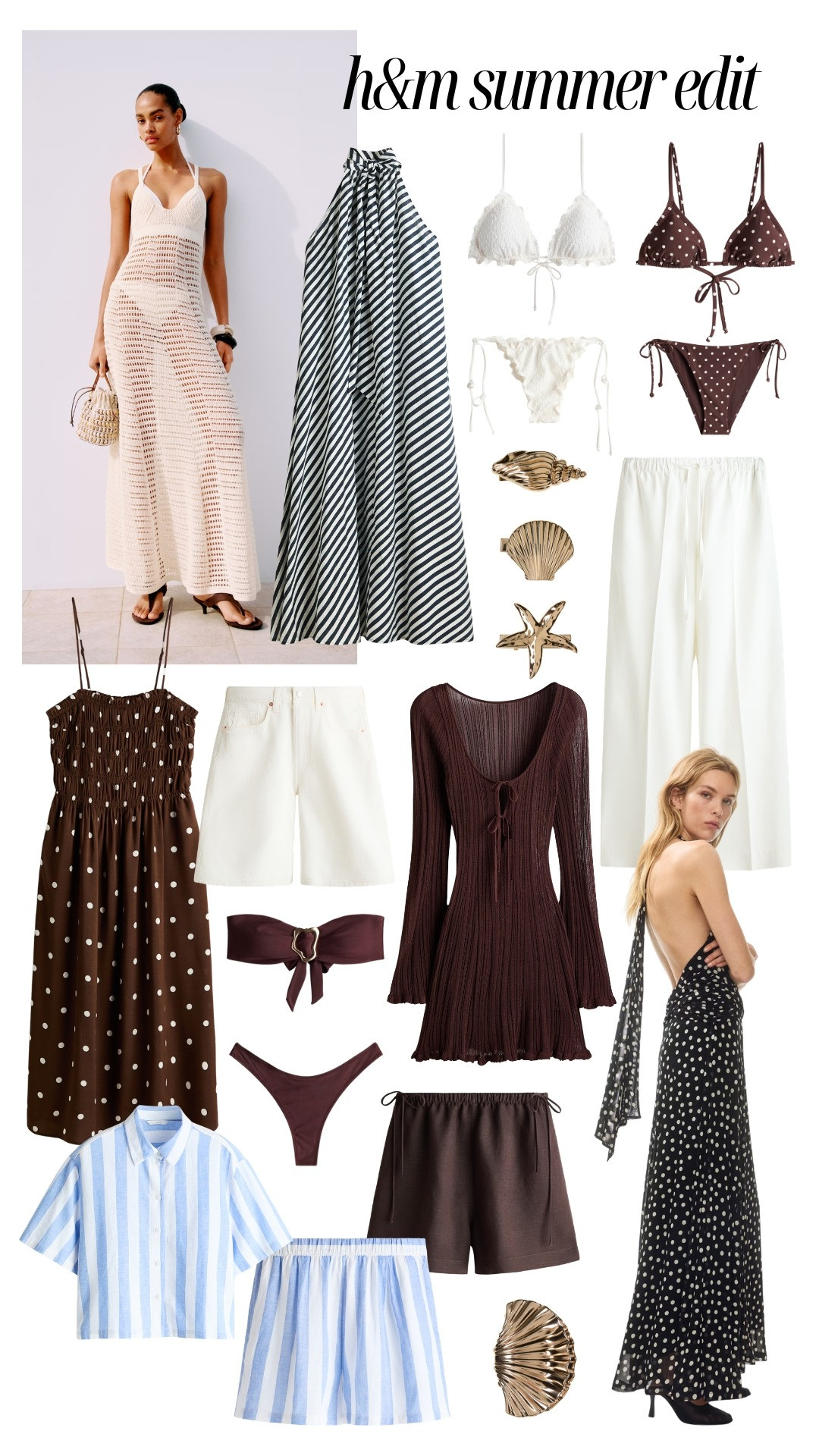 H&M summer holiday vacation edit. Chocolate brown, baby blue, polka dot, stripe linen co ords, shorts and shirts, maxi print and crochet dresses and neutral bikini swimwear

#LTKsummer #LTKdresses #LTKswimwear