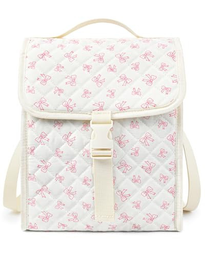 Aileam Quilted Lunch Bag for Girls Cute Lunch Box Women Insulated Pink Bow Lunch Bag for Work Quilted Large Capacity Reusable Insulated Cooler for Work Kids School Picnic Travel | Amazon (US)