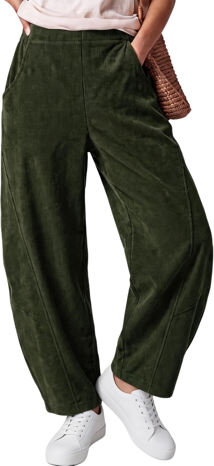 SeekMe Womens Corduroy Barrel Pants Elastic Waist Wide Leg Baggy Trousers | Amazon (US)