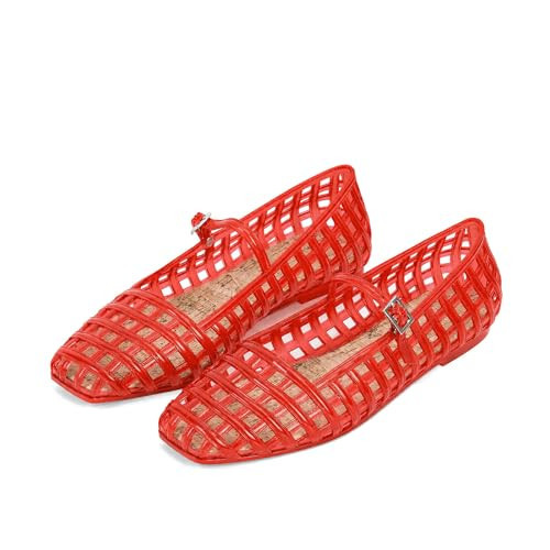 RJYLP Red Jelly Mesh Ballet Flats for Women Hollow Square Toe Jelly Sandals Beach Ballerina Flats Summer Cute Mary Jane Shoes | Amazon (US)